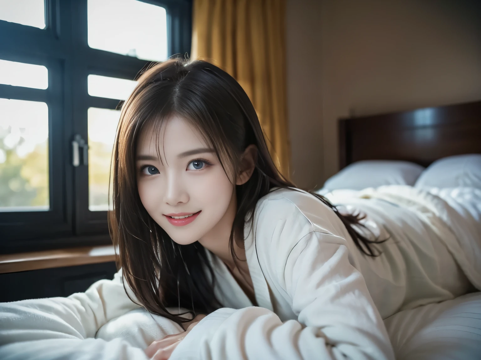 12K、HDR、Bit depth 10 bits、 high-definition face 、 blue eyes、The model is 25 years old、 bedroom、((Prone position on bed))、White bathrobe、 looks at the audience and smiles 、 natural sunlight coming in through the window、A gentle gaze、((Sleeping))、Portrait Style、After orgasm、