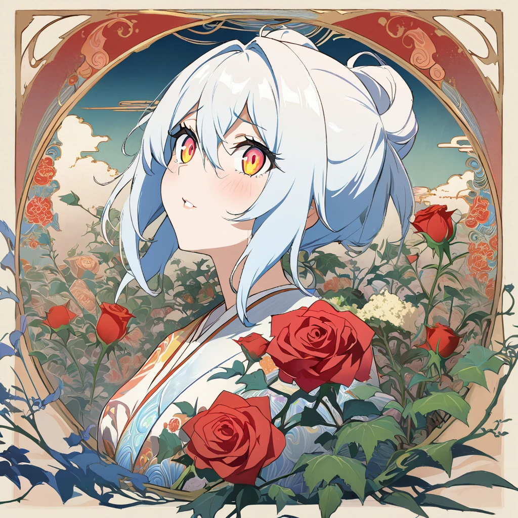 Anime Diffusion, Hires. fix, (masterpiece:1.1), colorful, 1girl, solo, flowers, ((red roses: 1.3, overgrown)), sharp focus. (eyes focus:1.3), Puuzaki Puuna, Majestic oil painting, Ukiyo-e, Vivid color, Art nouveau, Speed painting