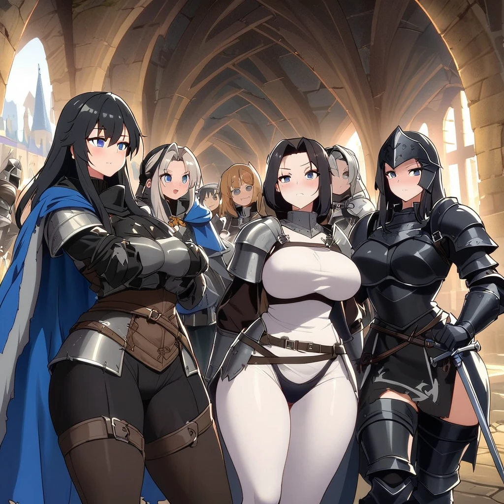 Anime, black paladins, girls paladins, Paladin's black armor (((medieval))), cape, multiple girls, girls surrounding, curvy body, sword