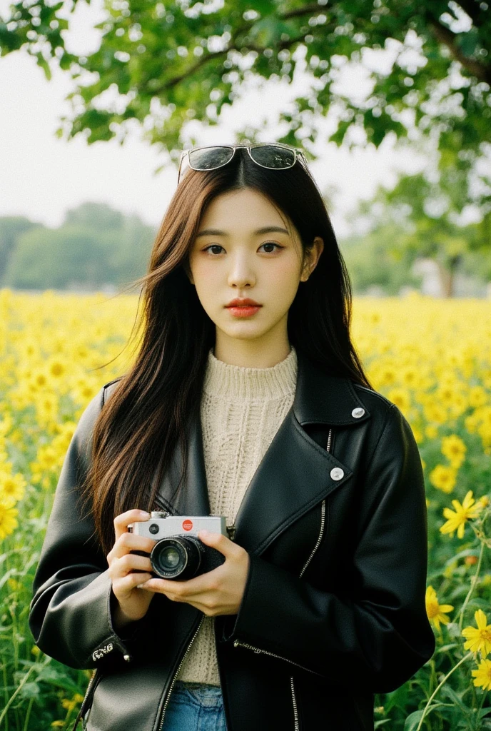 Create a picture of a young woman standing  under the tree among yellow flower field. She is wearing a stylish black leather jacket over a light knitted sweater, giving off a casual yet chic vibe,. Her long, dark hair flows naturally,holding leica camera, and she has sunglasses perched on top of her head, adding a touch of sophistication. She gazes directly at the camera with a soft but confident expression. The overall mood is cool,shooting camera by leica,vintage tone, and relaxed, with a focus on casual street style in an everyday setting. 