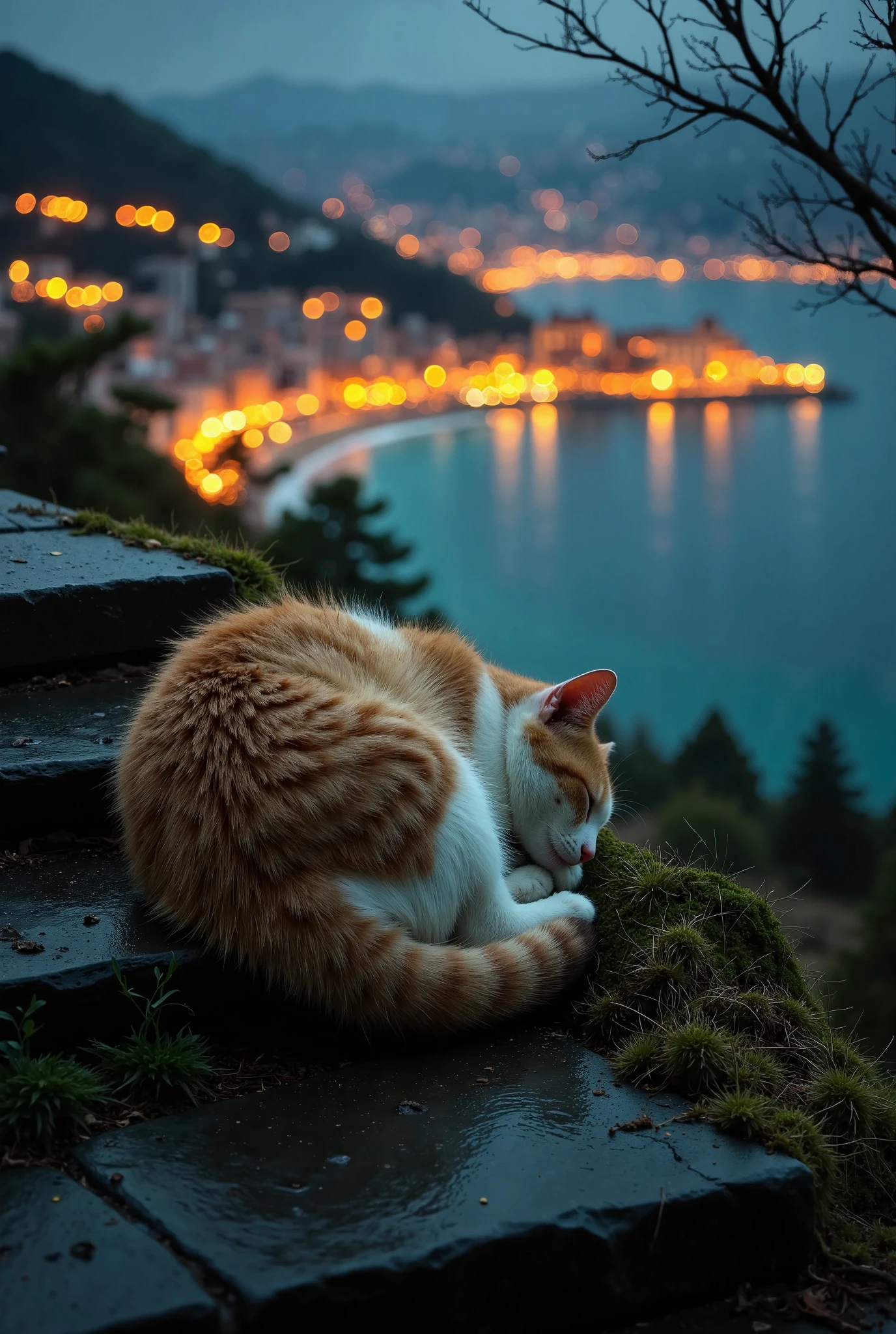 Generate a high-quality, atmospheric image of a pretty cat peacefully sleeping on moss-covered stone steps situated on a hill overlooking a vast, vibrant metropolis nestled in a valley by the waterfront. The cat is curled up cozily, with soft fur gently ruffled by a warm nighttime breeze. The scene is set on a beautiful, calm night, with the lights of the city and its harbor sparkling in the background. Colorful lights from buildings and boats reflect on the water, casting a magical glow across the valley. The atmosphere is tranquil, with the gentle city lights adding a warm, ambient contrast to the quiet hillside. Capture the detail of the sleeping cat’s delicate fur, the texture of the stone steps, and the picturesque view of the cityscape below, with a sense of peace and beauty filling the scene.