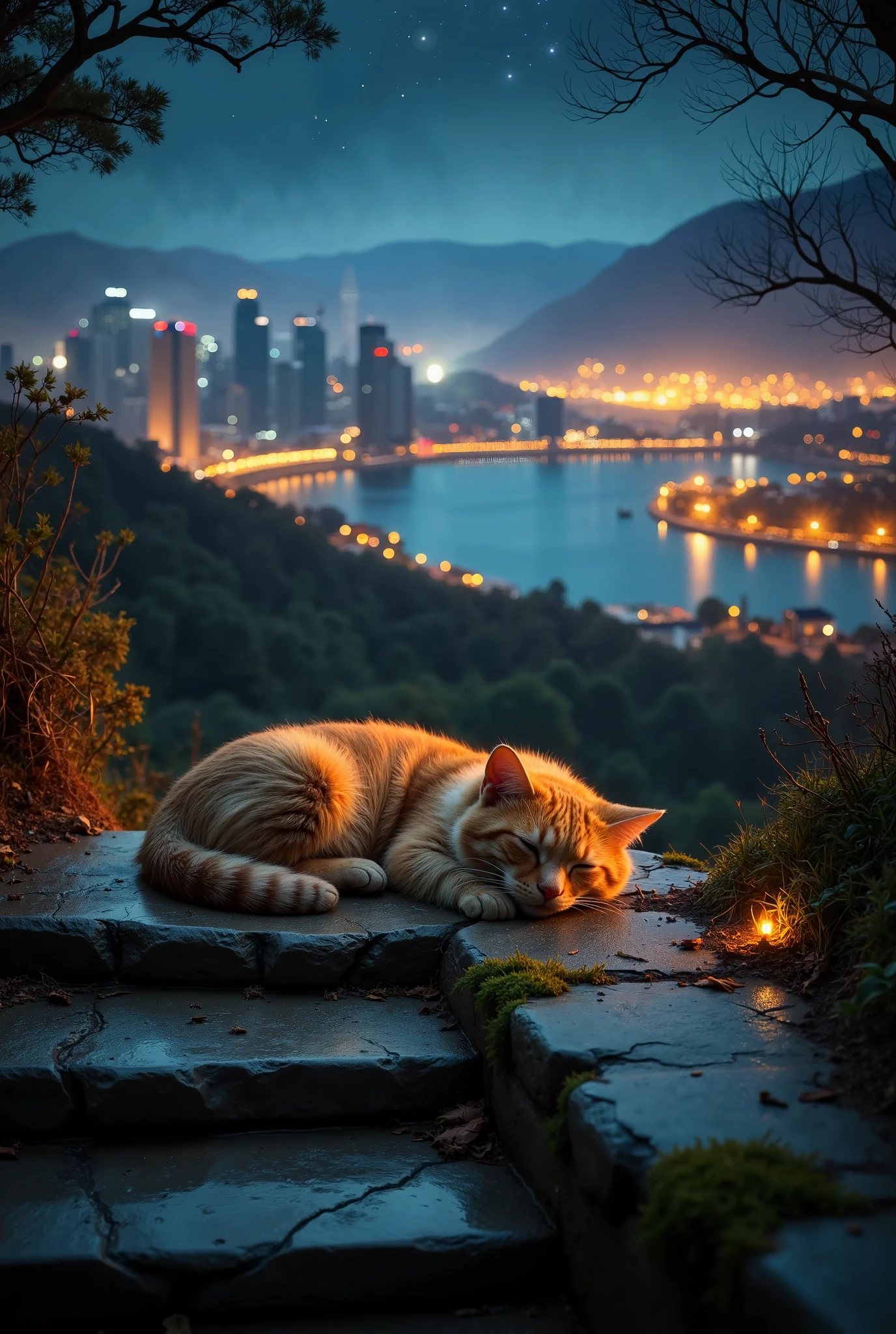 Generate a high-quality, atmospheric image of a pretty cat peacefully sleeping on moss-covered stone steps situated on a hill overlooking a vast, vibrant metropolis nestled in a valley by the waterfront. The cat is curled up cozily, with soft fur gently ruffled by a warm nighttime breeze. The scene is set on a beautiful, calm night, with the lights of the city and its harbor sparkling in the background. Colorful lights from buildings and boats reflect on the water, casting a magical glow across the valley. The atmosphere is tranquil, with the gentle city lights adding a warm, ambient contrast to the quiet hillside. Capture the detail of the sleeping cat’s delicate fur, the texture of the stone steps, and the picturesque view of the cityscape below, with a sense of peace and beauty filling the scene.