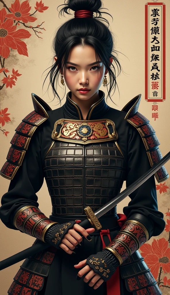 A full-body image of a fierce young Japanese woman in traditional samurai armor with modern artistic details. Her armor features dark, intricate patterns with touches of red and gold, symbolizing strength and honor. She holds a katana with a determined, focused expression, emphasizing her warrior spirit. Her dark hair is tied back in a slightly messy style, enhancing her intense gaze. The background combines traditional Japanese floral and calligraphy motifs, creating a sense of depth and authenticity. The lighting is soft but intense, highlighting the textures and colors of her armor and weapon, giving her a powerful, striking presence.