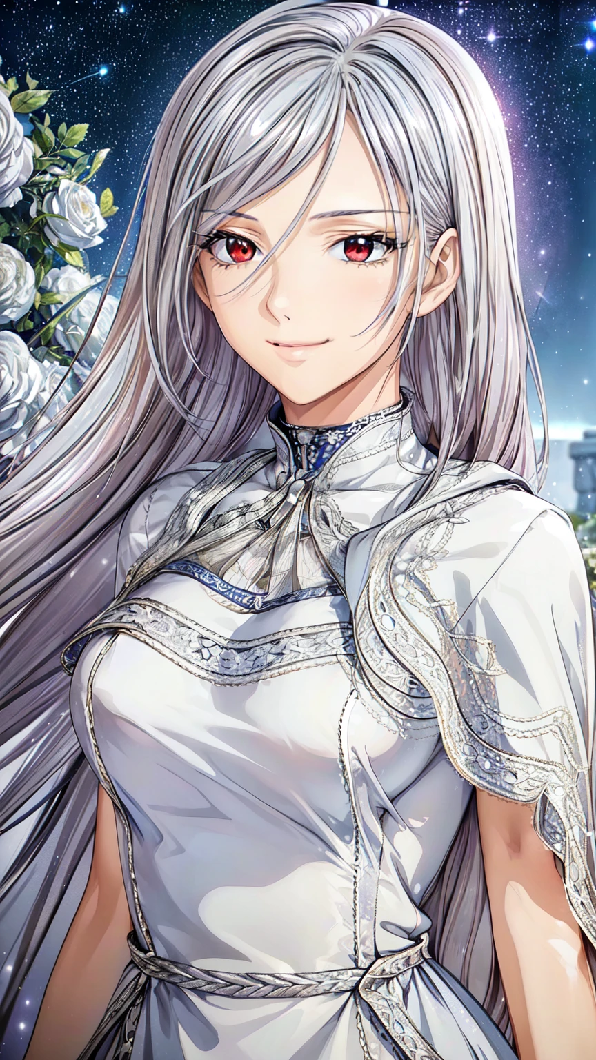 (masterpiece, best quality, beautiful and aesthetic:1.3),1woman, ((very mature woman)),(30 years old, thirties), solo, light smile,  (Silver  hair streaked white:1.4), (Gradient silver hair ends:1.6), hair strand, absurdly long hair, single sidelock, wavy hair, shiny hair, floating hair, (deep red eyes), delicate eyes, aqua eyes, super high detailed eyes, long upper eyelashes, makeup, Focus on face, Very detailed facial, Pretty Face, Perfect breasts, hot body, (Delicate skin texture:1.2), outdoors, white roses, garden, morning, standing, extreme detailed, light smile,Dream dress,blue dress,starry sky print,cloak,