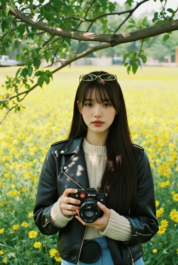 Create a picture of a young woman standing  under the tree among yellow flower field. She is wearing a stylish black leather jacket over a light knitted sweater, giving off a casual yet chic vibe,. Her long, dark hair flows naturally,holding leica camera, and she has sunglasses perched on top of her head, adding a touch of sophistication. She gazes directly at the camera with a soft but confident expression. The overall mood is cool,shooting camera by leica,vintage tone, and relaxed, with a focus on casual street style in an everyday setting. 