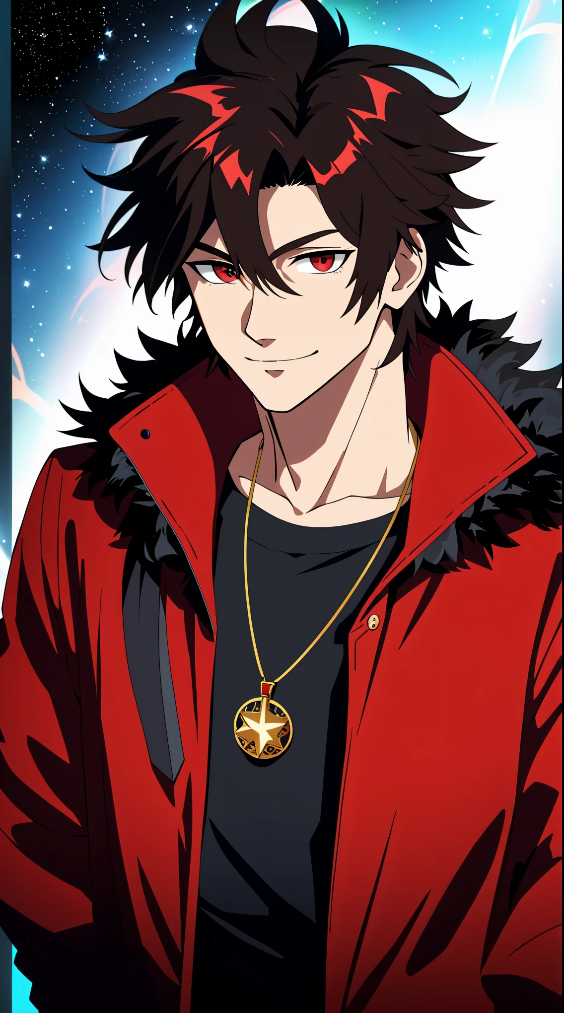 (high-quality, breathtaking),(expressive eyes, perfect face) 1boy, male, solo, young adult, black hair, red streaks in hair, red highlights, fire red eyes, soft wavy hair, short hair length, soft smile, spiky hair, fluffy hair, spiked up hair, black and red jacket, punk jacket, stylized clothing, red shirt, confident smile, age 17, circle locket pendant necklace, dark scars on beck, space background, stars background, galaxy background
