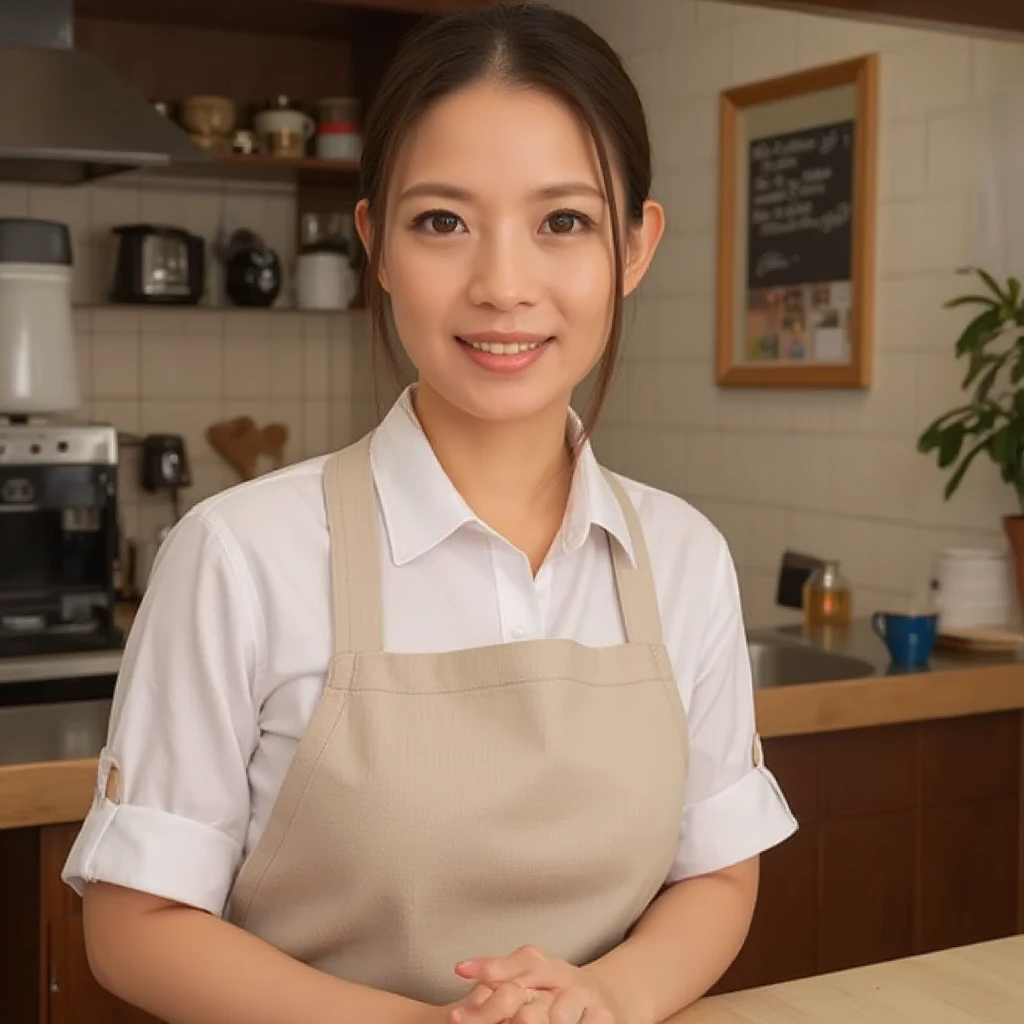 afternoon, restaurant, Japanese woman, twenties to thirties, pink traditional attire, white apron, holding tray, smiling, short black hair, black eyes, background gradients, white, orange, pink, cinematic lighting, chair arrangement, table arrangement, brightly lit, photorealistic quality, 4K and 8K resolution