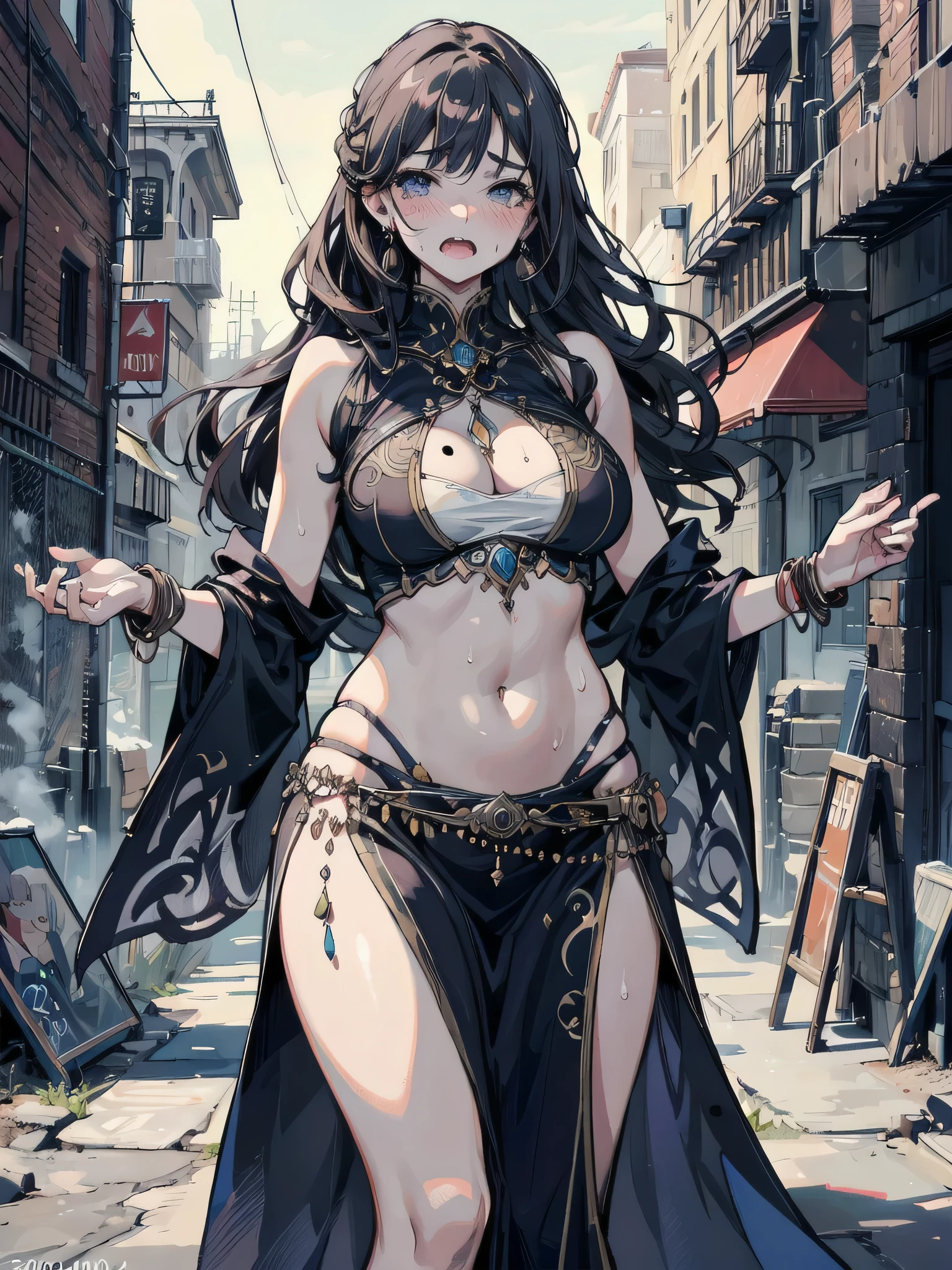 absurdres, RAW photo, extremely delicate and beautiful, masterpiece, Best Quality, ultra high resolution, 32k, hyperrealistic, ultra-detailed description, perfect , correct body, super Detailed skin, perfect figure, Perfect Style, Perfect balance, ideal ratio body proportions, in her 20s, very Slim body, narrow waist, very small head, very small face, delicate facial features, very detailed eyes and face, realistic face proportions, tearful mole, earring, very huge round , medium hair, asymmetrical hair, wavy hair, sidelocks, hair behind ear, half updo, thigh, knees, eye rolling, drooling, with tongues, saliva, open mouth, blush, sweat, embarrassed, steaming body, heavy breathing, female , trembling, cowboy shot, outdoor, (Belly dance clothes:1.2), arabic style,