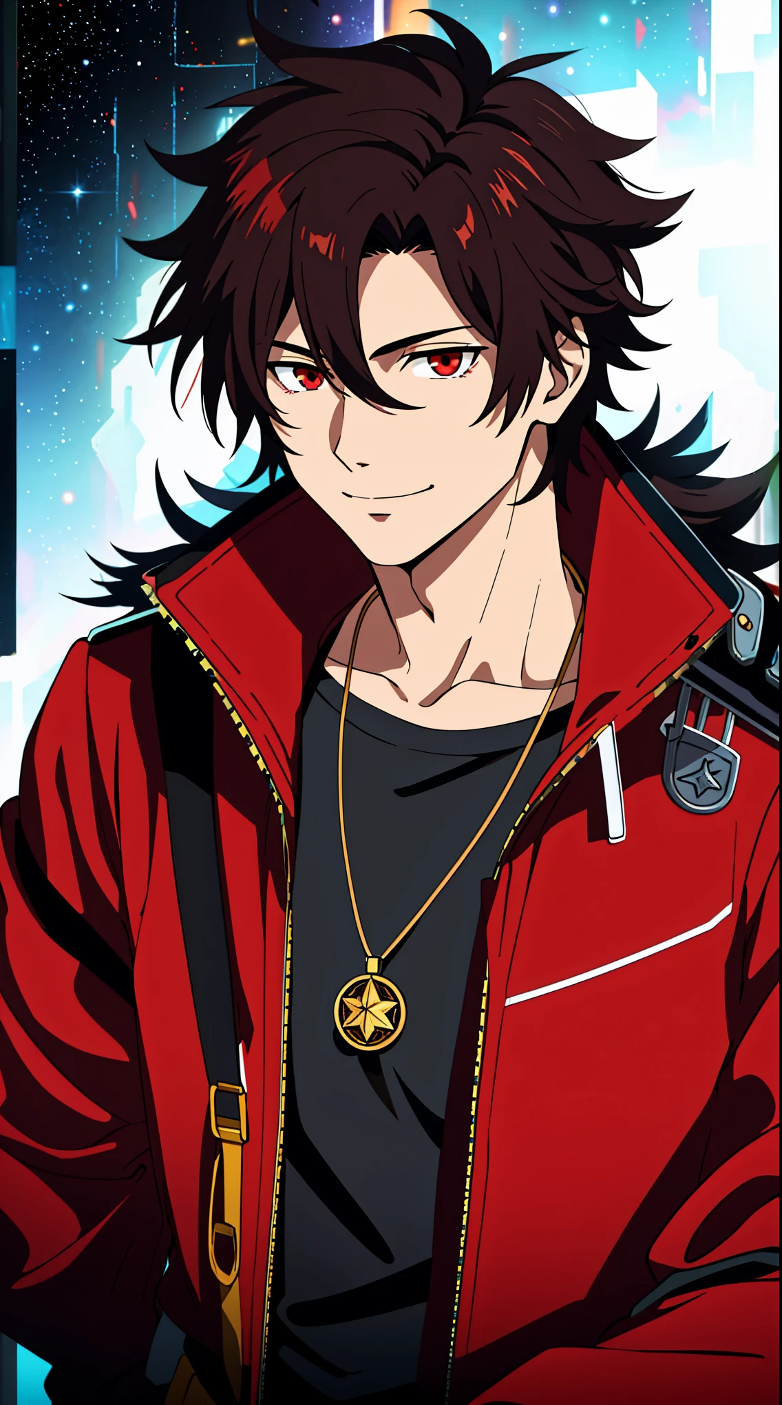 (high-quality, breathtaking),(expressive eyes, perfect face) 1boy, male, solo, young adult, black hair, red streaks in hair, red highlights, fire red eyes, soft wavy hair, short hair length, soft smile, spiky hair, fluffy hair, spiked up hair, black and red jacket, punk jacket, stylized clothing, red shirt, confident smile, age 17, circle locket pendant necklace, dark scars on beck, space background, stars background, galaxy background
