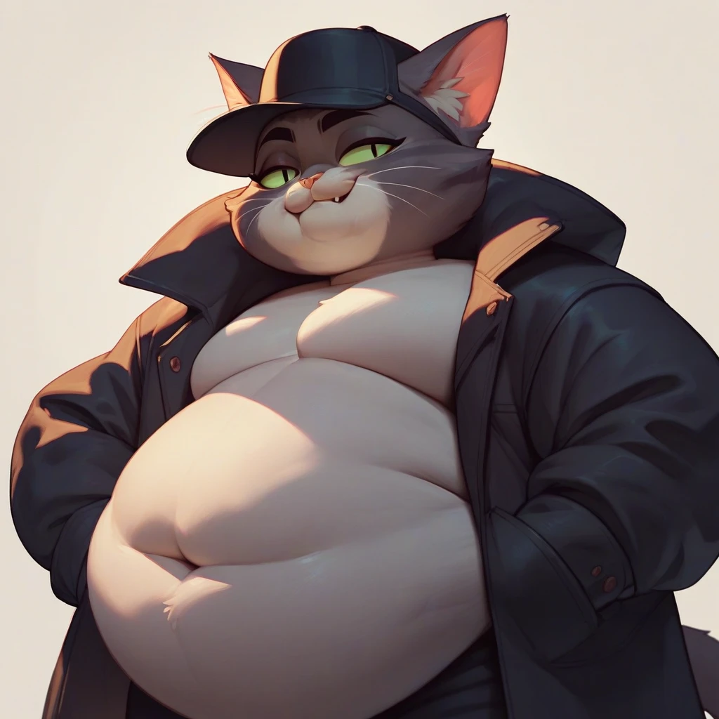  plump cheeks , big belly , cat ears,  black hat, black jacket