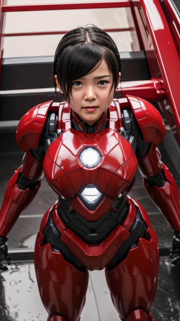 Best Quality　 8k full body red war machine suit girl　Gloss　 elementary school girl 　Sweaty face　cute　 short hair　 boyish　Steam coming out of my head　 My hair is wet from sweat　The feel of black hair　 full body portrait 　  erotic expression 　Drooling from the mouth　 look up 　bare hands