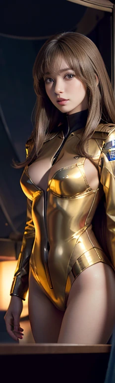  Movie scene ，masterpiece: Space Battleship Yamato 2202: High-quality images of Yuki Mori，　  exquisite details 、Ultra-realistic:2.0、 Shining metallic body、Composite Panel、Curvaceous and sophisticated design、  、Nebulae and stars that accentuate that silhouette々々、（ gold bodysuit ）High resolution image of Yuki Mori, Crew members giving instructions from inside the ship, Dressed、 Gorgeous coat of arms jacket、Light redness on cheeks 