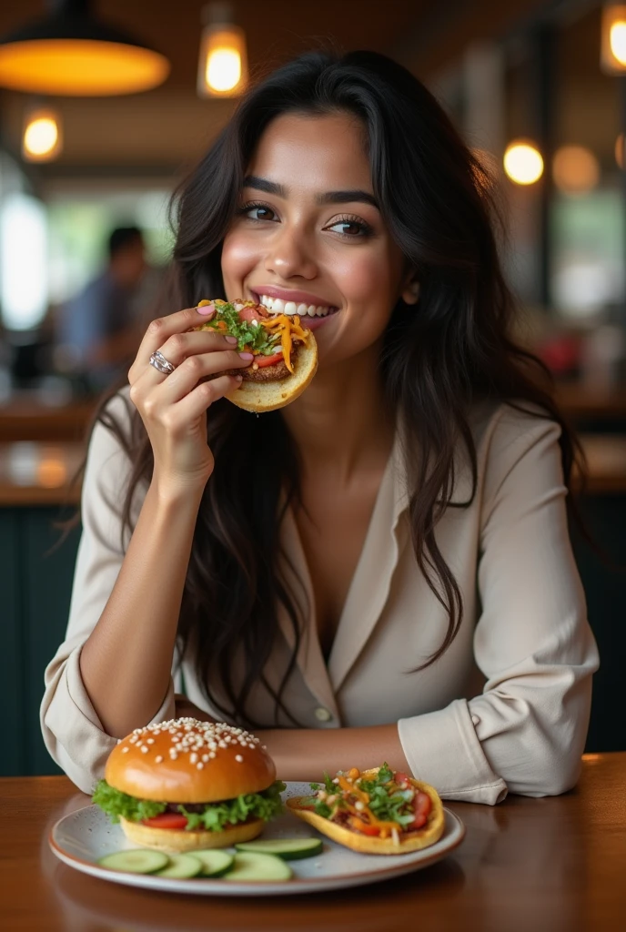 realistic woman, eat a Hamburger, (((masterpiece))),(((<sharp images:4>))), (((<high resolution:3>))), (((professional photoshooting))) ,10000iso, 8k