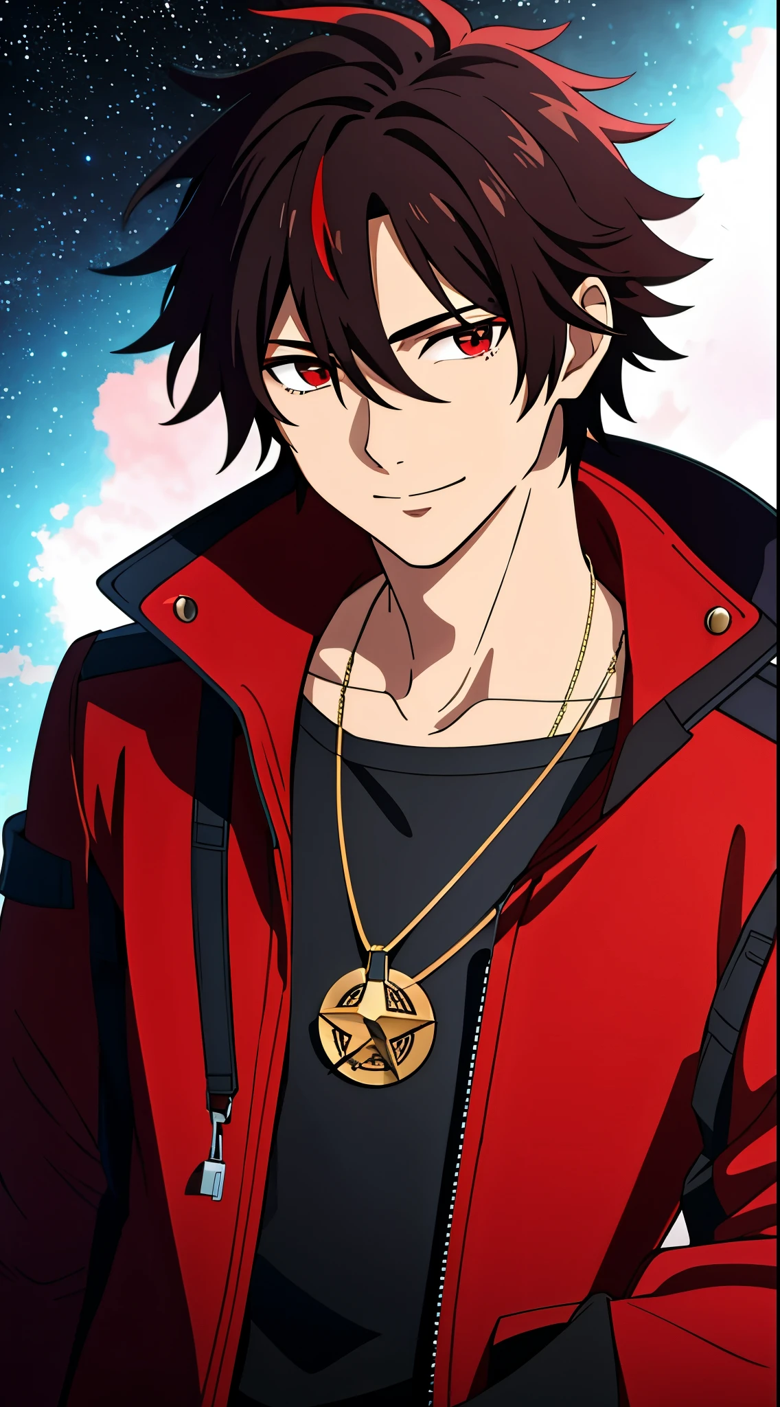 (high-quality, breathtaking),(expressive eyes, perfect face) 1boy, male, solo, young adult, black hair, red streaks in hair, red highlights, fire red eyes, soft wavy hair, short hair length, soft smile, spiky hair, fluffy hair, spiked up hair, black and red jacket, punk jacket, stylized clothing, red shirt, confident smile, age 17, circle locket pendant necklace, dark scars on beck, space background, stars background, galaxy background
