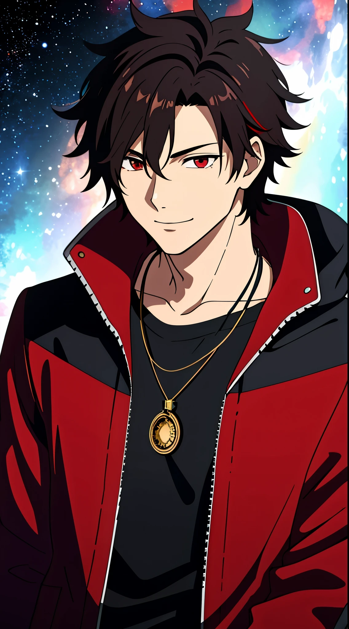 (high-quality, breathtaking),(expressive eyes, perfect face) 1boy, male, solo, young adult, black hair, red streaks in hair, red highlights, fire red eyes, soft wavy hair, short hair length, soft smile, spiky hair, fluffy hair, spiked up hair, black and red jacket, punk jacket, stylized clothing, red shirt, confident smile, age 17, circle locket pendant necklace, dark scars on beck, space background, stars background, galaxy background
