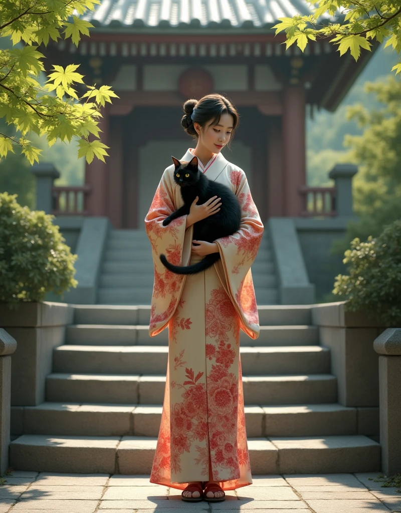 Realistic, theme is "Cat on the stone steps", a woman in a kimono standing on the stone steps of a Japanese temple, the woman is holding a black cat on her chest, it's a cute cat, a refreshing early summer day with green maple leaves rustling in the wind, sophisticated design, advanced lighting technology, real photo 8K quality