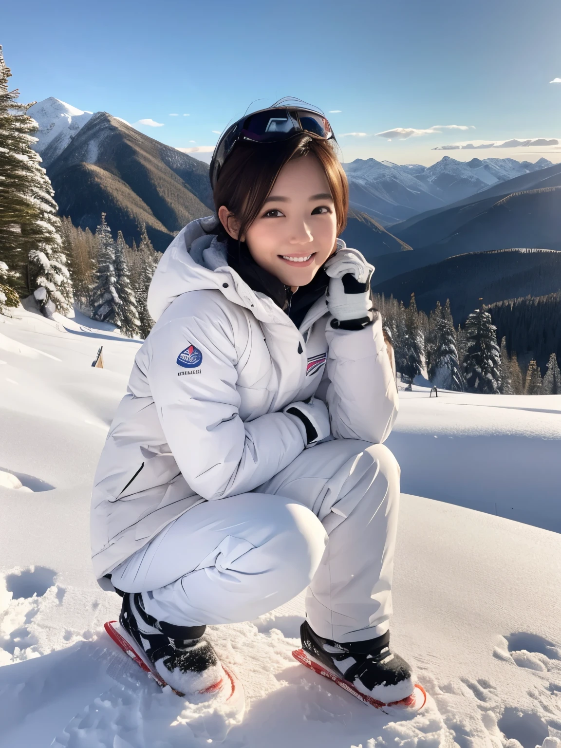 (( It's Snowing )),((white snowboard wear )),((white snowboarding pants)),((gloves)),((Kneeling pose on the snow)),(( beautiful skin in NFSW)),(( short hair)),((Best Quality)), Realistic, Very Detailed, in fine detail, ((Perfect line drawing posing for crystal clear image quality )),(( Hi-Res)), 8k,(( Sexy Smile )),Beautiful, well-shaped eyes,(Korean women), detailed face,20th Generation,((Bust size: 87cm)), clean and narrow,((whole body)),(( snowy mountains)),( snow is piling up),(The background is a snowy landscape,Spectacular views),