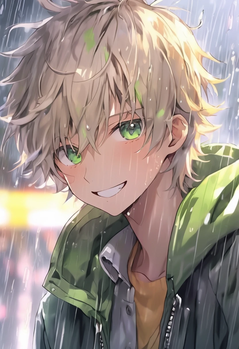  An anime boy ,  short blond hair, curtain mullet, (eyes	0.7)  green-eyed, gray coat,  upper body ,  smiling generally ,  scratching the back of the neck , memories,  basic anime , in the rain, wet task,  looking at the audience , 18k,  perfectly good lighting, Anime 2024 , soft colors,  highlighted in lighting , enhance the image,  shadow improvements , perfect anatomy 