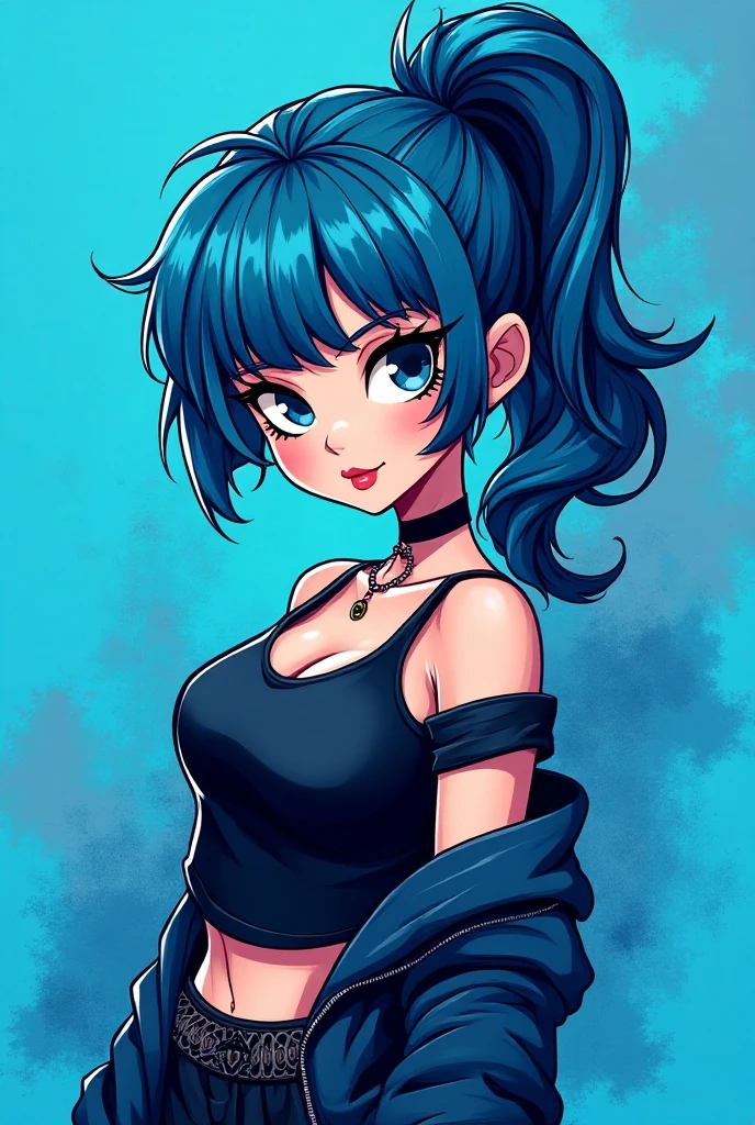 A black woman with long blue hair, with bright blue eyes. In the style of manga/anime One Piece Full Body