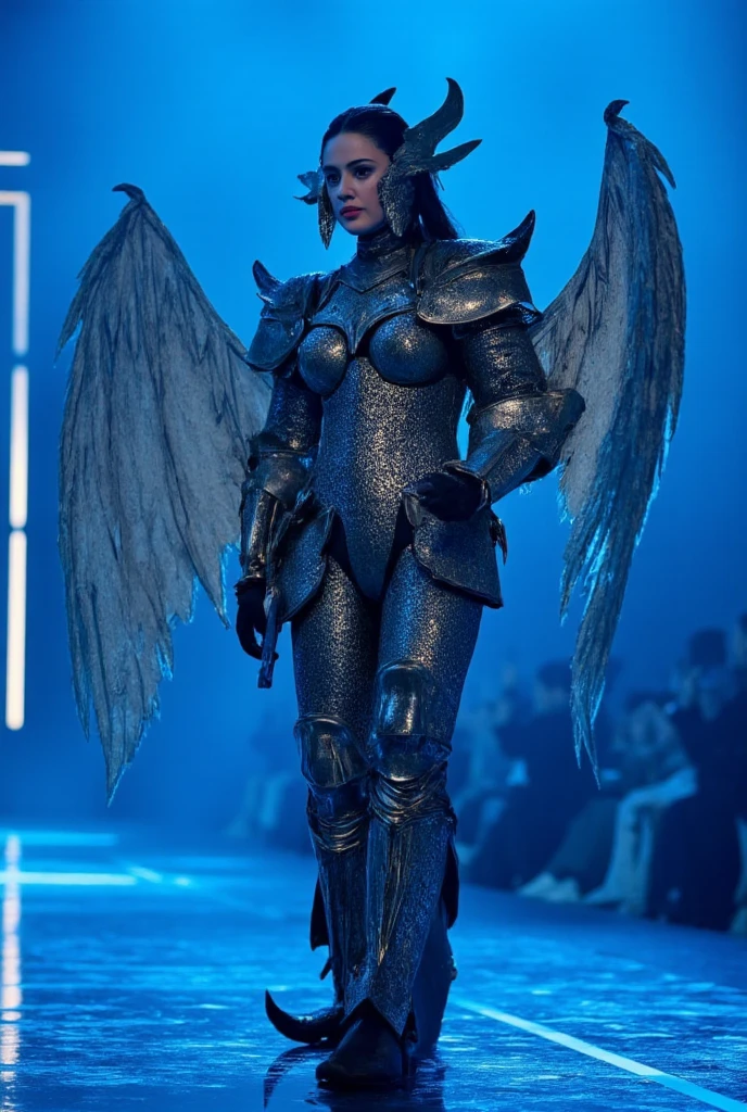 (Huge boobs:1.3), blonde, full body, armoured, horns, blue haired