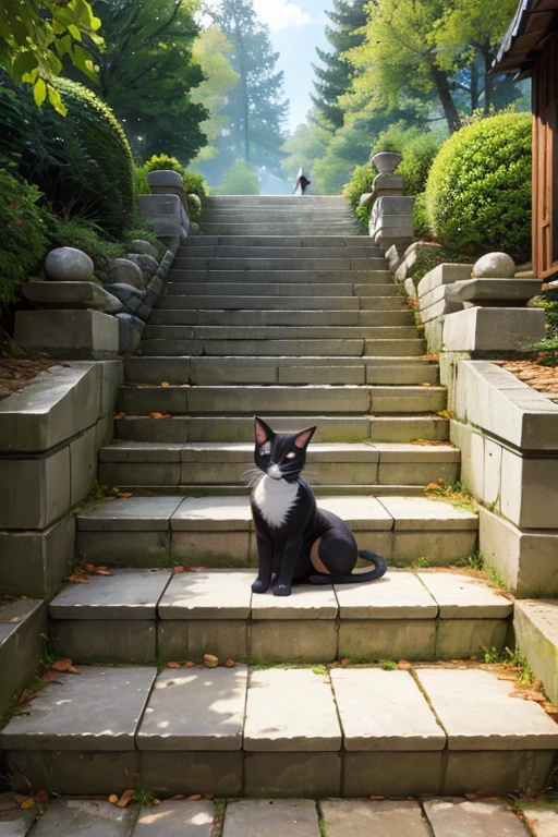 Stone stairs、Three-haired cat、 stretchy、、、