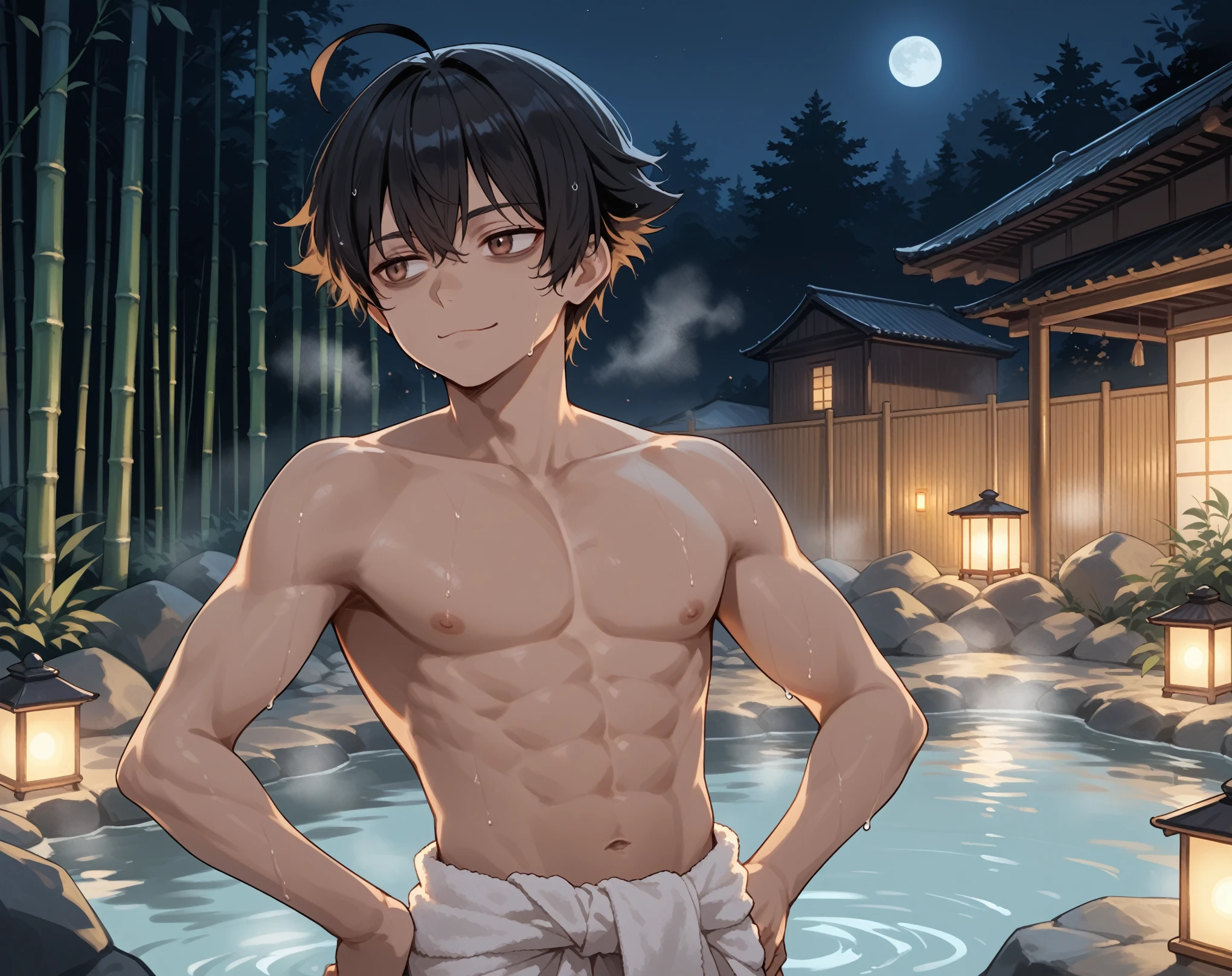 masterpiece, best quality, high quality,  1boy,8yo, boy focus, full body, looking at viewer, brown hair,spiky hairstyle, short hair, steam smork, japan style,  anime coloring, angry, home muji style, detailed face, topless, white towel on waist,finely eye and detailed face,bulge