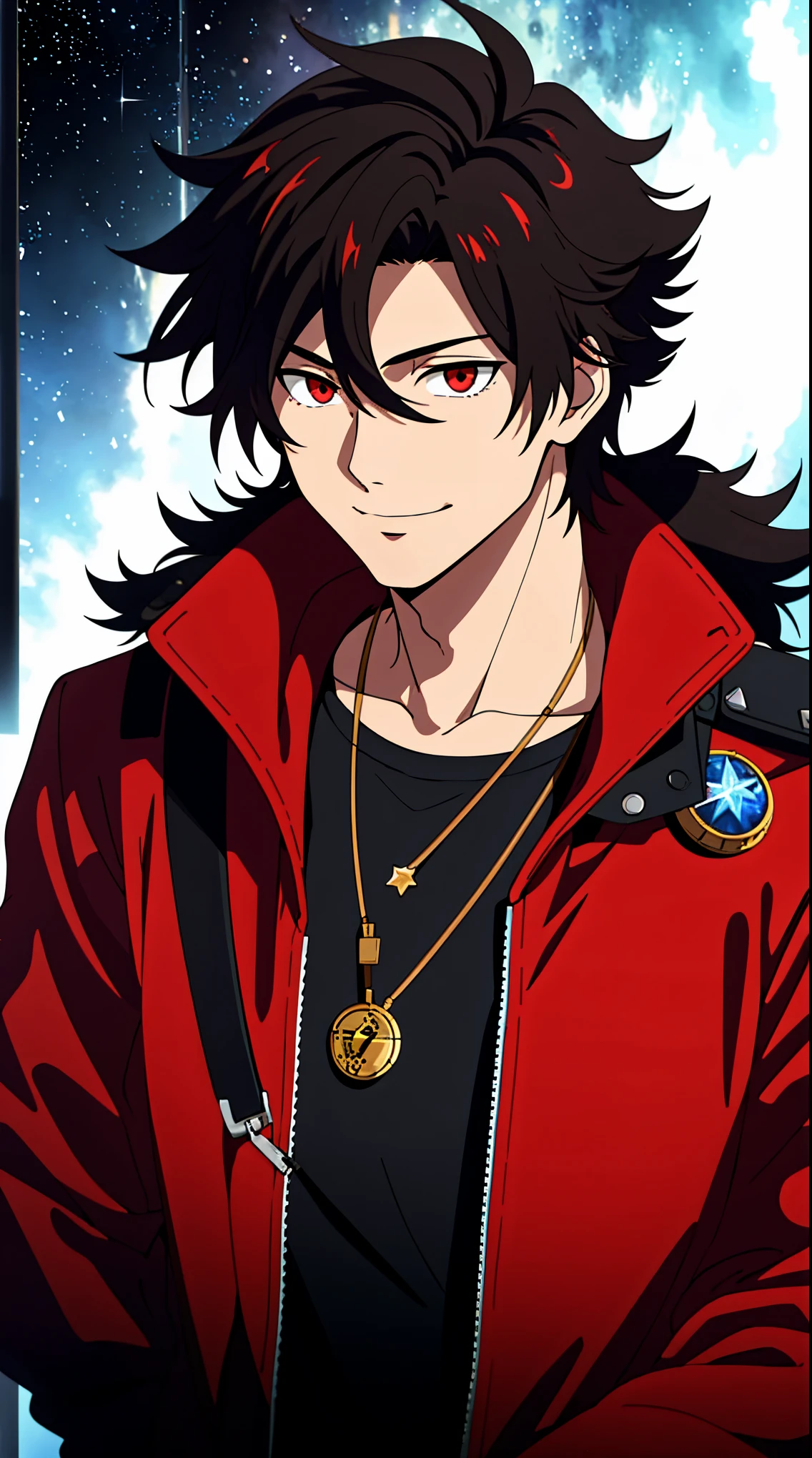 (high-quality, breathtaking),(expressive eyes, perfect face) 1boy, male, solo, young adult, black hair, red streaks in hair, red highlights, fire red eyes, soft wavy hair, short hair length, soft smile, spiky hair, fluffy hair, spiked up hair, black and red jacket, punk jacket, stylized clothing, red shirt, confident smile, age 17, circle locket pendant necklace, dark scars on beck, space background, stars background, galaxy background
