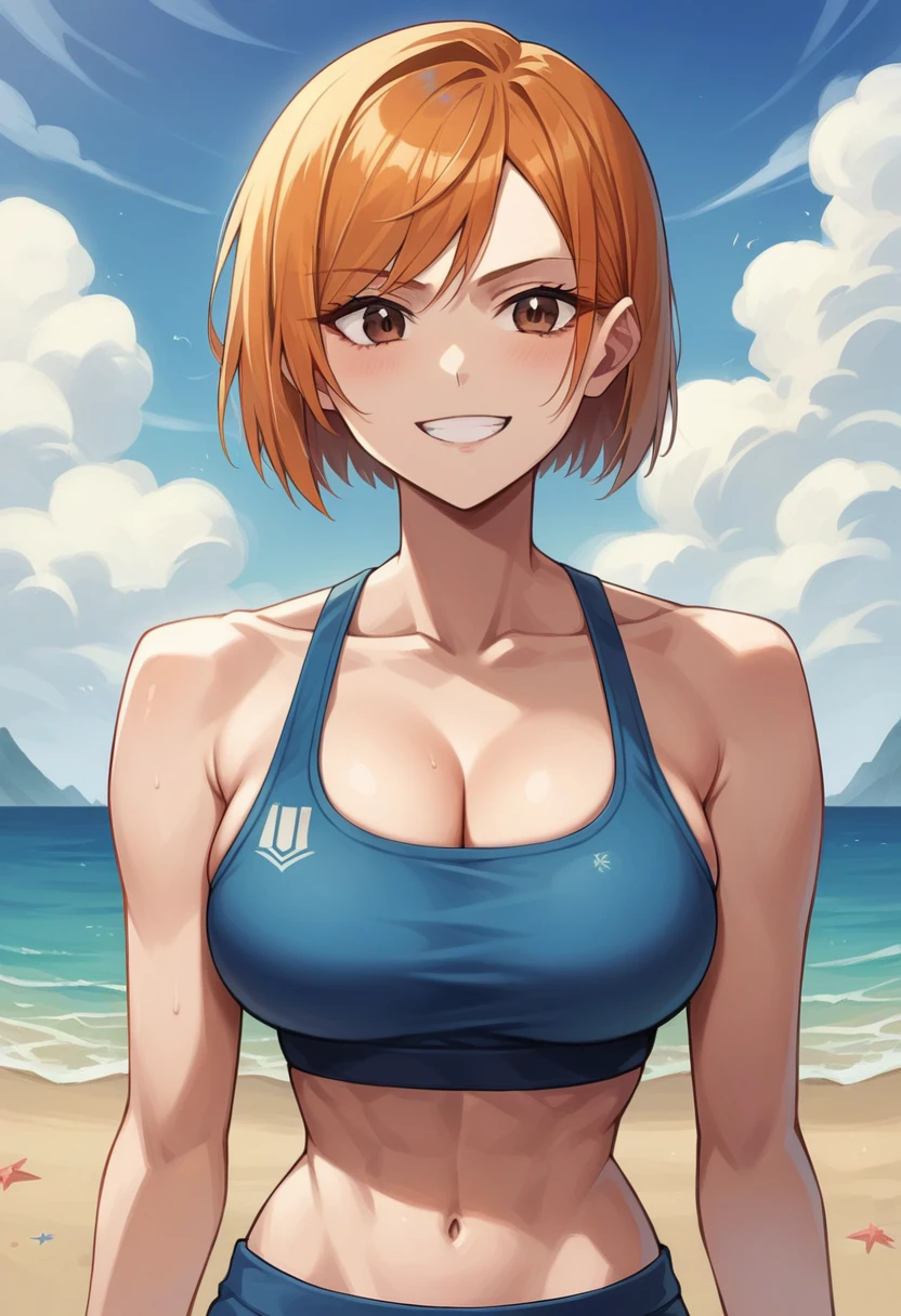 (masterpiece), (Best Quality), (Super detailed), ( Best Illustration ), ( best shadow ), ( absurd), Nobarakugisakinova,  short hair,  orange hair, (( Brown Eyes )),  Kugisaki Nobara,  1 girl, Alone, bangs,  viewers,  upper body, ((Blue sports bra)),  clevis, Beach Background,  perfect body , ((Perfect breasts)), Hourglass Body,  thin waist, very  thin waist,  big breasts at the temple,  sexy, ( skinny), (( blanking as desire)),  Bare Shoulder , Bare collarbone, smile, Bareneck