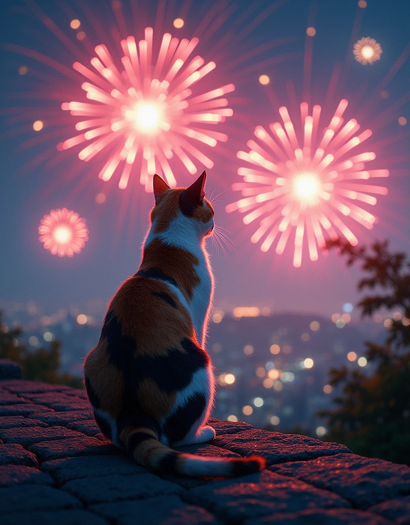 Realistic, theme is "Cat on Stone Steps", back view of a cat sitting on stone steps on a hill, calico cat, fireworks are being launched in front of the cat, cat watching fireworks, city night view, Japanese summer night, sophisticated design, advanced lighting technology, real photo 8K quality