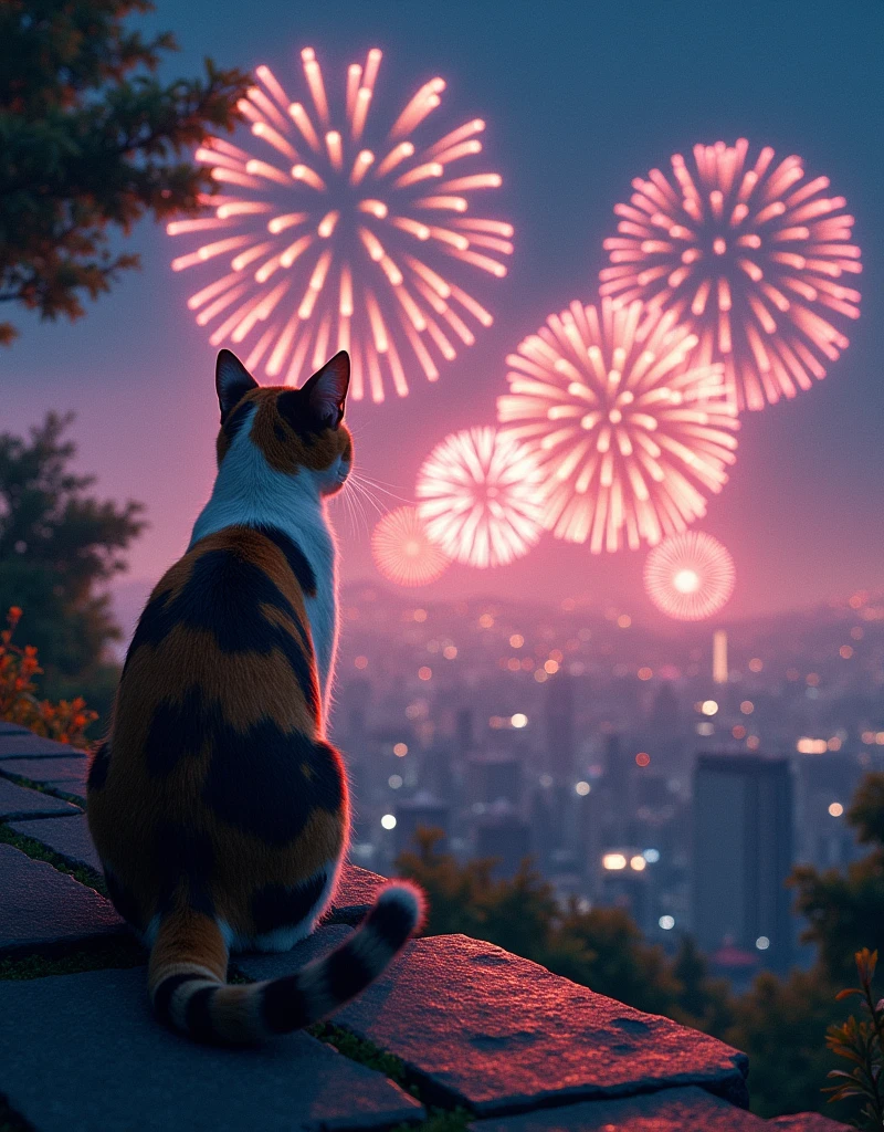 Realistic, theme is "Cat on Stone Steps", back view of a cat sitting on stone steps on a hill, calico cat, fireworks are being launched in front of the cat, cat watching fireworks, city night view, Japanese summer night, sophisticated design, advanced lighting technology, real photo 8K quality