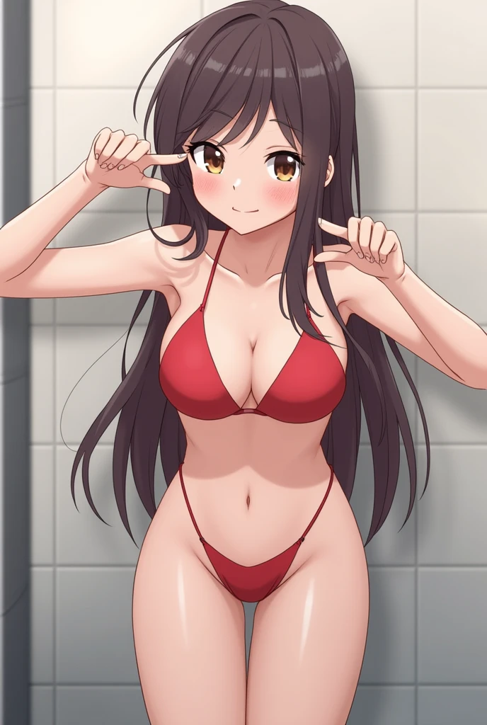 Koyomi Mizuhara, brown hair, long hair, glasses, tall girl, gym shirt, breasts, fit body, slim waist, medium ass, tight biker short/ leotard, bra, plump ass cheeks, fit body, slim figure, thirst trap, Nsfw, ecchi, erotic, rule 34, gelbooru, 1998 photo-shoot, ass cheeks, sensual, sexy photos, nice view, smirking for attention, sexy slim figure, side view, sexy big firm butt/ass, set 15 90’s
