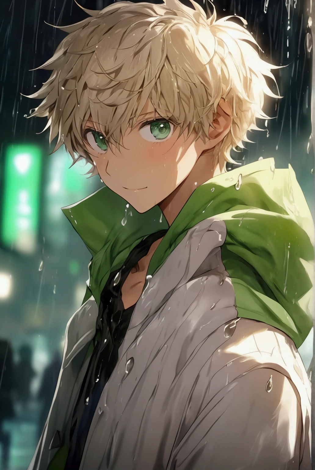  An anime boy ,  short blond hair, curtain mullet, (eyes	0.7)  green-eyed, gray coat,  upper body ,  smiling generally ,  scratching the back of the neck , memories,  basic anime , in the rain, wet task,  looking at the audience , 18k,  perfectly good lighting, Anime 2024 , soft colors,  highlighted in lighting , enhance the image,  shadow improvements , perfect anatomy 