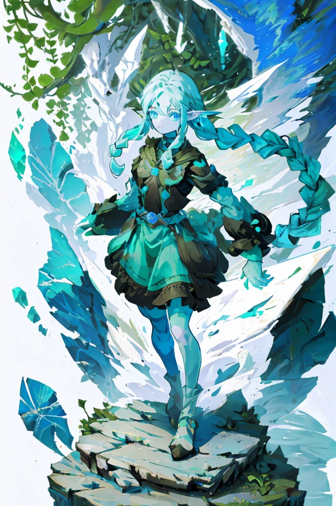 （ full body illustration of a small non-human stone golem walking in the woods, Stone Body, Stone Face, Stone Hand, Stone tools, small and cute, Skinny and thin, plants growing on it）　and     (Young girl（ pointed ears、Elf、 blue eyes、Green Dress、 long lashes、 blue hair braided long hair）)