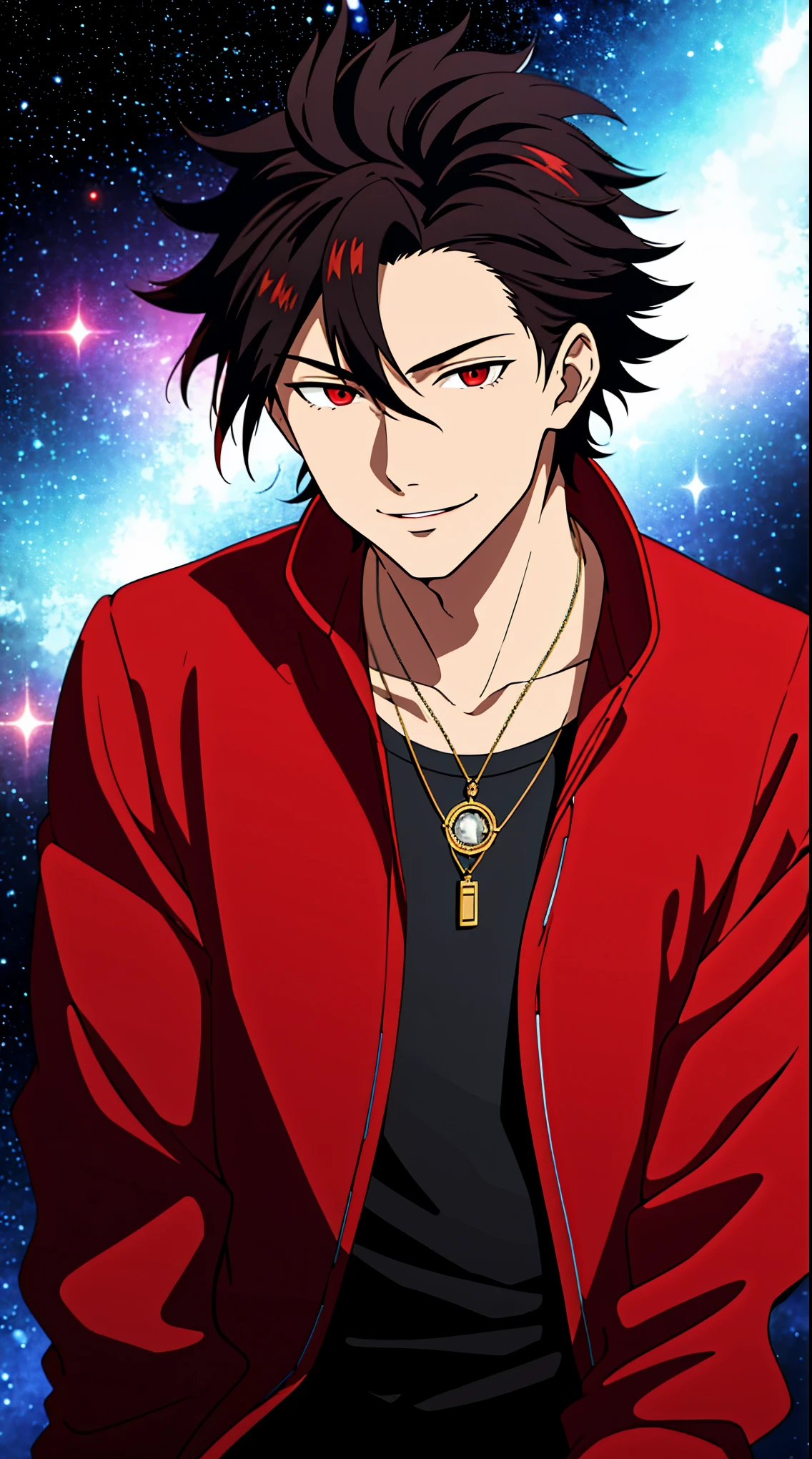 (high-quality, breathtaking),(expressive eyes, perfect face) 1boy, male, solo, young adult, black hair, red streaks in hair, red highlights, fire red eyes, soft wavy hair, short hair length, soft smile, spiky hair, fluffy hair, spiked up hair, black and red jacket, punk jacket, stylized clothing, red shirt, confident smile, age 17, circle locket pendant necklace, dark scars on beck, space background, stars background, galaxy background
