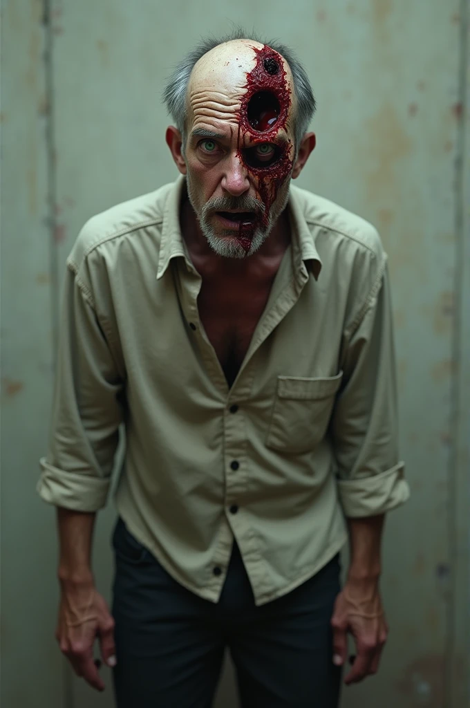 a zombie from the television series called The Walking Dead wearing a shirt from the Brazilian football club called Corinthians and holding a syringe of injectable medicine close to his face
