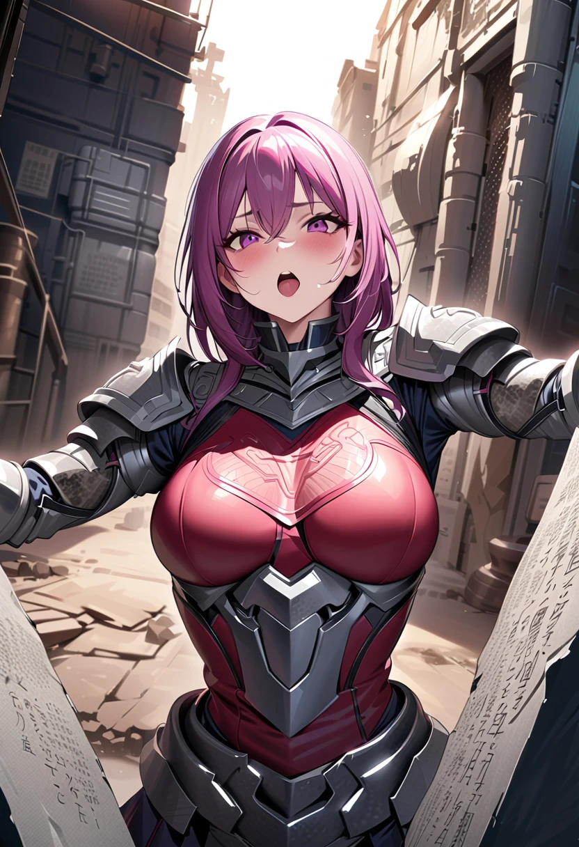 (masterpiece: 1.2, Best Quality), Realistic, ( Intricate Details,  faces with a depth of writing ), Best Quality, masterpiece,  high definition,  stone statue of a young woman in armor, Sexually excited expression,  Extremely Detailed Stone Texture, Wearing armor, (((Petrochemical, petrification)))