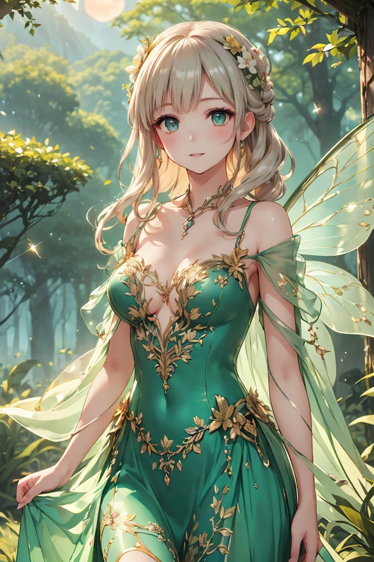 (((Best quality, 8k, Masterpiece: 1.3)), ((best quality)), ((masterpiece)), (detailed), perfect face, perfect body, (detailed skin:1.3), (intricate details), A graceful, grown-up fairy woman with delicate features and an air of elegance stands in an enchanted forest. She has shimmering wings that reflect hints of silver and gold in the soft moonlight. Dressed in a sophisticated, leaf-green gown adorned with subtle sparkles, she has an aura of maturity while still retaining her playful, magical essence. Her blonde hair is styled elegantly, and she wears a gentle, knowing smile. The forest around her is alive with glowing flowers, softly swaying trees, and a mist that adds a mystical atmosphere, creating a scene of enchanting beauty.