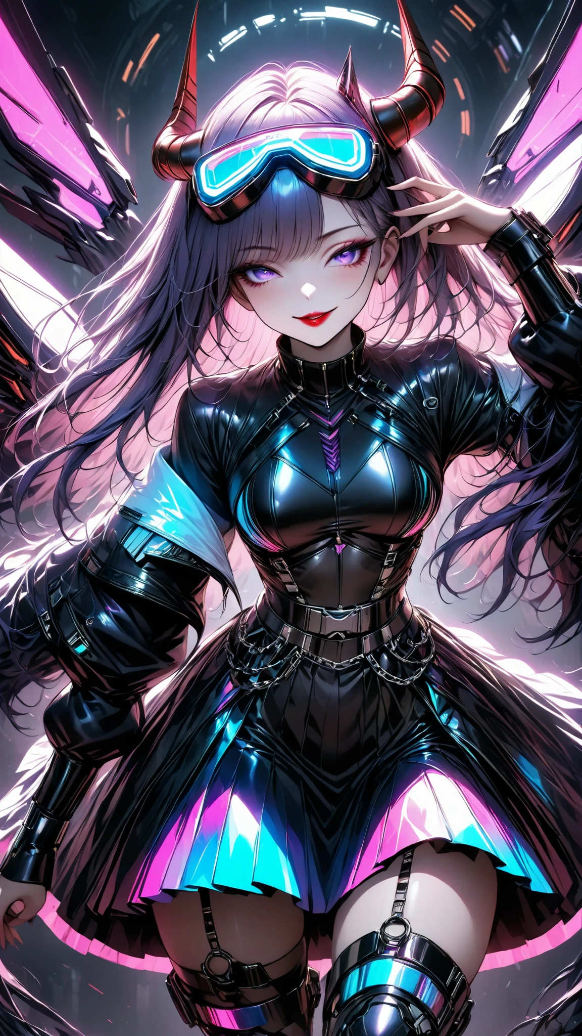 One young and beautiful woman,(Best Quality, very detailed depiction, Incredibly Absurd Hi-Res,High quality anime drawings:1.2),(Japanese actress wearing a cyber-inspired villain costume ),( Action Poses Like a Sci-fi Hero Show ),( The design combines futuristic and devilish elements with classic maid features, villain style makeup with dark lipstick and eyeshadow , Cropped Jacket with Metal Shines and Epaulettes , Black Leathery High Neck Top ,Holographic pleated skirt with LED lights on the hem, Cyber Goggles or Glowing Hair Accessory , Metal Garter Belt or Chain belt , thick bottom platform shoes with glowing elements and mechanical details , red and neon blue accents based on metal silver and black , Strong cyberpunk feeling incorporating electronic lights and LEDs throughout the costume , Mechanical Mask Covering Her Mouth , Mechanical Horns Over Her Head , Mechanical Wings to Highlight a Cyberpunk Look ),(Purple Eyes, half-closed eye),Full body image:1.2, standing:1.2