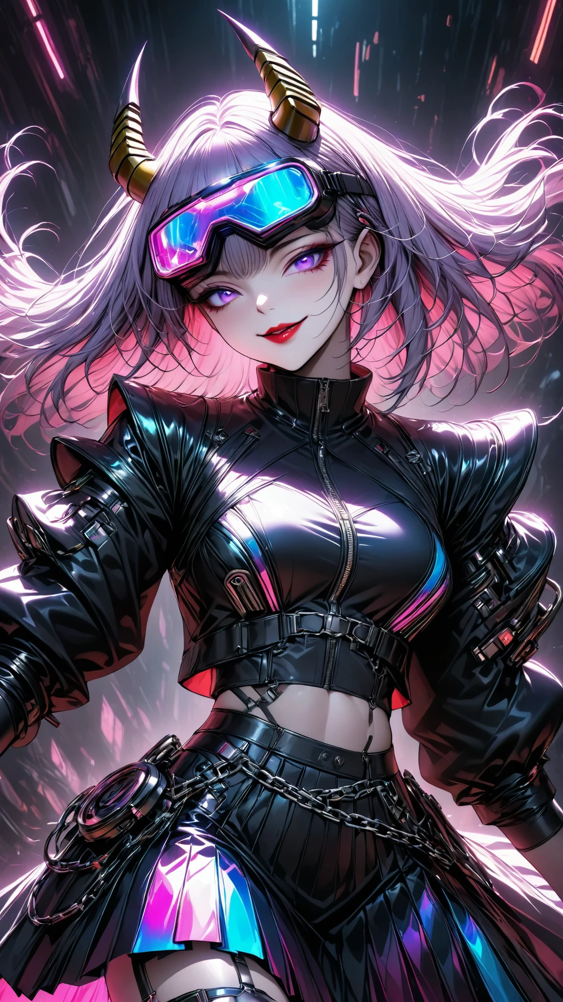 One young and beautiful woman,(Best Quality, very detailed depiction, Incredibly Absurd Hi-Res,High quality anime drawings:1.2),(Japanese actress wearing a cyber-inspired villain costume ),( Action Poses Like a Sci-fi Hero Show ),( The design combines futuristic and devilish elements with classic maid features, villain style makeup with dark lipstick and eyeshadow , Cropped Jacket with Metal Shines and Epaulettes , Black Leathery High Neck Top ,Holographic pleated skirt with LED lights on the hem, Cyber Goggles or Glowing Hair Accessory , Metal Garter Belt or Chain belt , thick bottom platform shoes with glowing elements and mechanical details , red and neon blue accents based on metal silver and black , Strong cyberpunk feeling incorporating electronic lights and LEDs throughout the costume , Mechanical Mask Covering Her Mouth , Mechanical Horns Over Her Head , Mechanical Wings to Highlight a Cyberpunk Look ),(Purple Eyes, half-closed eye),Full body image:1.2, standing:1.2