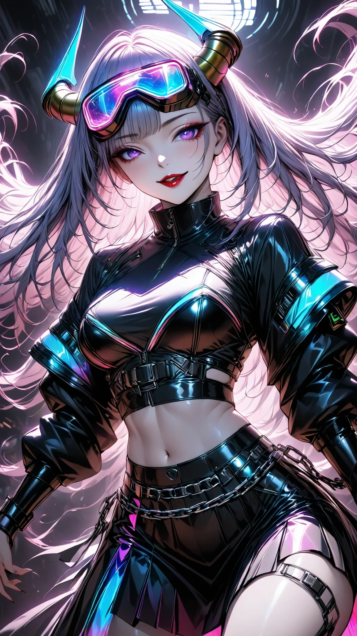 One young and beautiful woman,(Best Quality, very detailed depiction, Incredibly Absurd Hi-Res,High quality anime drawings:1.2),(Japanese actress wearing a cyber-inspired villain costume ),( Action Poses Like a Sci-fi Hero Show ),( The design combines futuristic and devilish elements with classic maid features, villain style makeup with dark lipstick and eyeshadow , Cropped Jacket with Metal Shines and Epaulettes , Black Leathery High Neck Top ,Holographic pleated skirt with LED lights on the hem, Cyber Goggles or Glowing Hair Accessory , Metal Garter Belt or Chain belt , thick bottom platform shoes with glowing elements and mechanical details , red and neon blue accents based on metal silver and black , Strong cyberpunk feeling incorporating electronic lights and LEDs throughout the costume , Mechanical Mask Covering Her Mouth , Mechanical Horns Over Her Head , Mechanical Wings to Highlight a Cyberpunk Look ),(Purple Eyes, half-closed eye),Full body image:1.2, standing:1.2