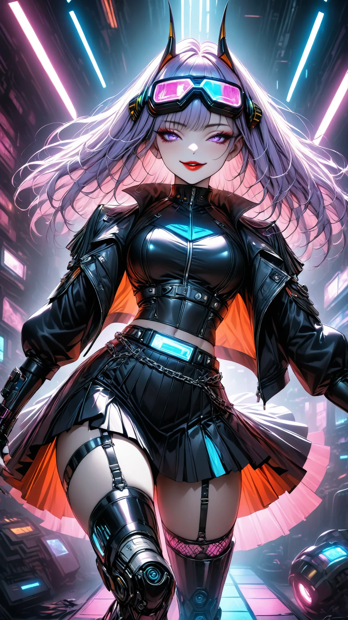 One young and beautiful woman,(Best Quality, very detailed depiction, Incredibly Absurd Hi-Res,High quality anime drawings:1.2),(Japanese actress wearing a cyber-inspired villain costume ),( Action Poses Like a Sci-fi Hero Show ),( The design combines futuristic and devilish elements with classic maid features, villain style makeup with dark lipstick and eyeshadow , Cropped Jacket with Metal Shines and Epaulettes , Black Leathery High Neck Top ,Holographic pleated skirt with LED lights on the hem, Cyber Goggles or Glowing Hair Accessory , Metal Garter Belt or Chain belt , thick bottom platform shoes with glowing elements and mechanical details , red and neon blue accents based on metal silver and black , Strong cyberpunk feeling incorporating electronic lights and LEDs throughout the costume , Mechanical Mask Covering Her Mouth , Mechanical Horns Over Her Head , Mechanical Wings to Highlight a Cyberpunk Look ),(Purple Eyes, half-closed eye),Full body image:1.2, standing:1.2