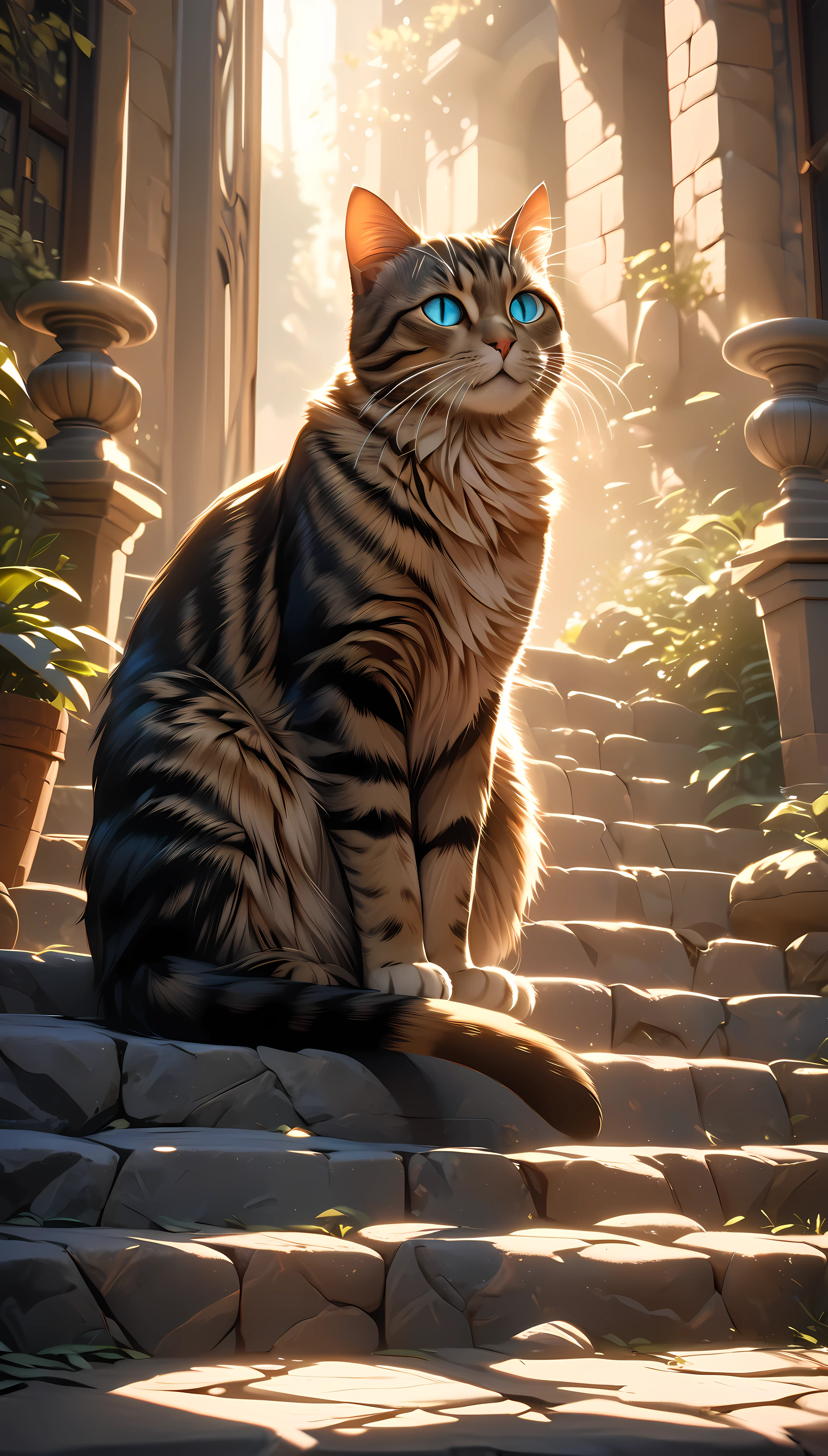 a cat sitting on stone steps, beautiful detailed eyes, beautiful detailed face, highly detailed fur, intricate details, striking pose, stone texture, warm lighting, atmospheric, peaceful, calm, serene, photorealistic, 8k, high resolution, hyper detailed, masterpiece, stunning, dramatic lighting, dramatic shadows, vibrant colors