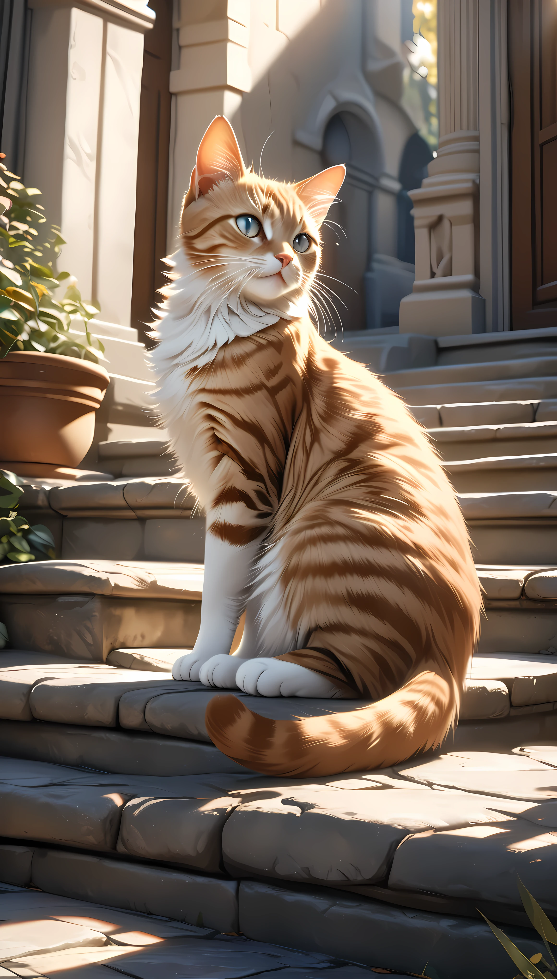 a cat sitting on stone steps, detailed fur, bright eyes, feline grace, stone steps, detailed architecture, sunlight, warm colors, (best quality,4k,8k,highres,masterpiece:1.2),ultra-detailed,(realistic,photorealistic,photo-realistic:1.37),HDR,UHD,studio lighting,ultra-fine details,sharp focus,physically-based rendering,vivid colors,natural lighting,landscape