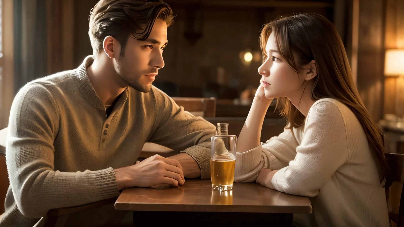 30 year old man talking to a 20 year old woman in a bar, render 8k portrait, cinematic realistic photo, moody lighting realistic face, ultra realistic image, unreal engine character art, ultrarealistic 8k cyberpunk art, cinematic bust portrait, photorealistic art style, an ultra realistic, detailed portrait shot, handsome man, 8k portrait shot --auto