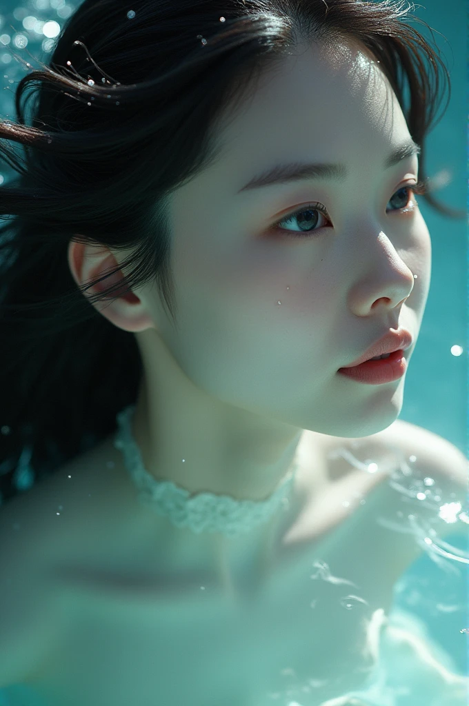 (RAW photo, Best quality), (Realistic, photo-realistic:1.2),High quality,  1girll,delicated face,full bodyesbian，white dresses，Closed eyes,,Enjoy,，Under water