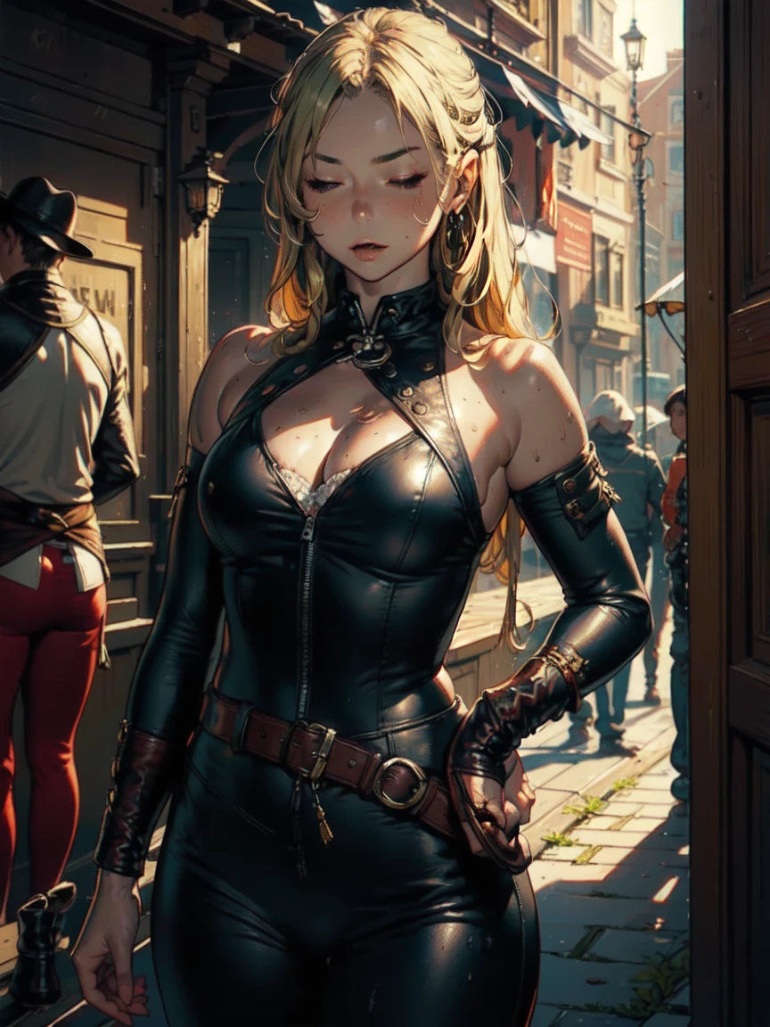 (( open your mouth )), ( eyes closed )), cowboy shot, (Strange Results , high res, Super detailed), 1 female, adult,  handsome, Tall Muscular Woman ,  Broadshoulder ,  blonde long hair, red eyes, A sophisticated eye,  viewers, Alone,  background,  detail face ,  smirking , Rebel, Sturdy dark leather clothes , Small leather pouch,  High Fantasy Medieval Setting, Smuggler&#39;s hideout background, stealth, (Wooden box on background), Shadow, fog, (Dutch Corner), (( PORTRAIT)),  black lingerie ,  black jacket