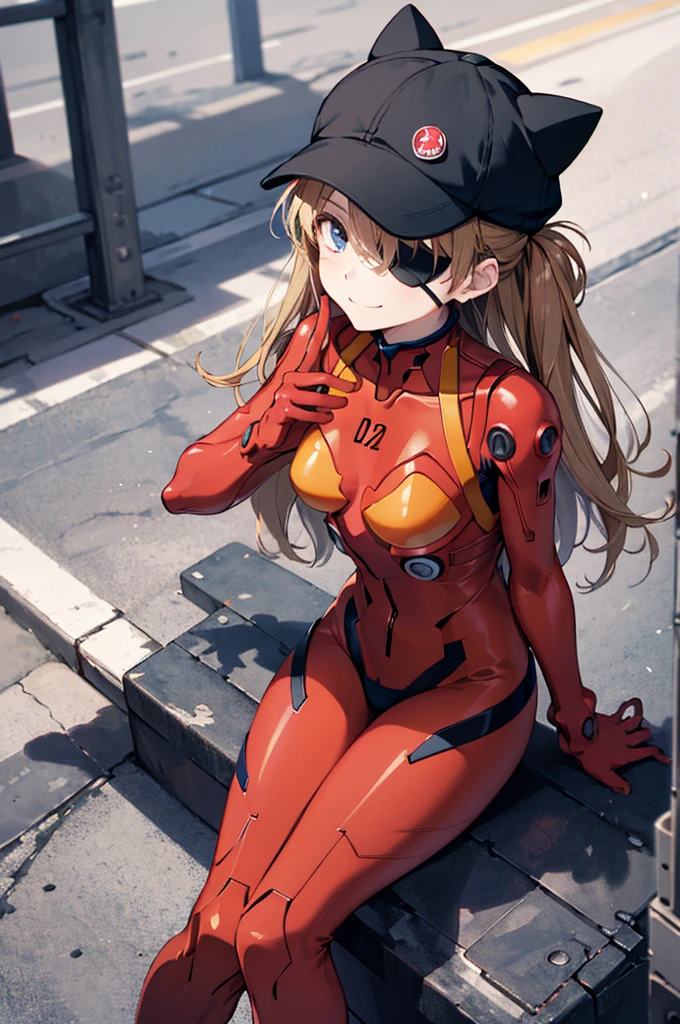         top quality,         top quality,           High Quality Images        ,     masterpiece  ,               super high resolution        ,              Detailsな背景    ,              absurd,            Perfect Anatomy     ,     ,       good lighting      ,           Photo Gallery    ,       ((masterpiece, top quality,  Details)),  outdoor,  Soryu Asuka Langley,  red jacket , Underwear bodysuit,  red bodysuit ,  eye patch,  with hands in pockets , (tape)       neon genesis evangelion  、   Shikinami Asuka Langley、   red plug suit   、   eye patch、(Cat hat、black)、