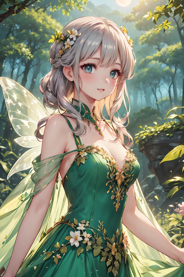 (((Best quality, 8k, Masterpiece: 1.3)), ((best quality)), ((masterpiece)), (detailed), perfect face, perfect body, (detailed skin:1.3), (intricate details), A graceful, grown-up fairy woman with delicate features and an air of elegance stands in an enchanted forest. She has shimmering wings that reflect hints of silver and gold in the soft moonlight. Dressed in a sophisticated, leaf-green gown adorned with subtle sparkles, she has an aura of maturity while still retaining her playful, magical essence. Her blonde hair is styled elegantly, and she wears a gentle, knowing smile. The forest around her is alive with glowing flowers, softly swaying trees, and a mist that adds a mystical atmosphere, creating a scene of enchanting beauty.