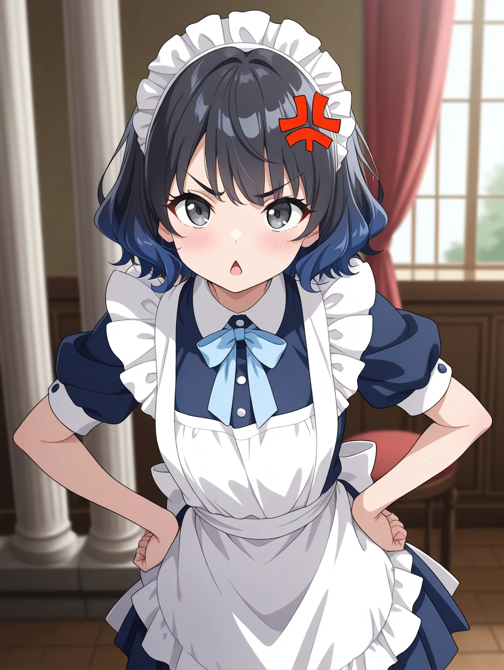  1girl, waitress, blue hair, solo, maid, maid headdress, short hair, open mouth, blue eyes, hand on hip, looking at viewer, maid apron, enmaided, blue dress, black eyes, eyelashes, frills, grey eyes, blurry background, puffy short sleeves, chestnut mouth, eyebrows visible through hair, triangle mouth, standing, bangs, blue neckwear, anime coloring, cowboy shot, indoors, blue bow, white apron, shiny hair, v-shaped eyebrows, wavy hair, blush, depth of field, frilled apron, blue ribbon, neck ribbon, clenched hand, :<, :o, curtains, blue skirt, angry, pleated skirt, hands on own hips, hand on own hip, pillar, blue bowtie, black hair, anger vein,
,masterpiece,best quality,amazing quality,very aesthetic,absurdres,newest,