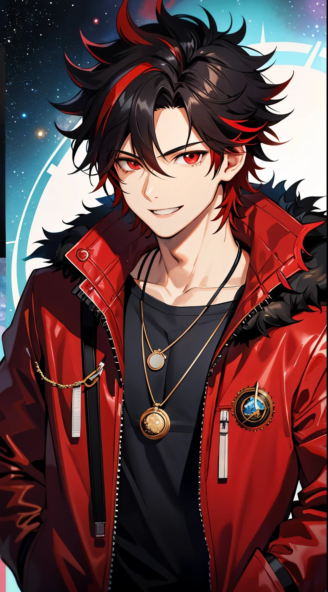 (high-quality, breathtaking),(expressive eyes, perfect face) 1boy, male, solo,  adult, black hair, red streaks in hair, red highlights, fire red eyes, soft wavy hair, short hair length, soft smile, spiky hair, fluffy hair, spiked up hair, black and red jacket, punk jacket, stylized clothing, red shirt, confident smile, age 1cle locket pendant necklace, dark scars on beck, space background, stars background, galaxy background
